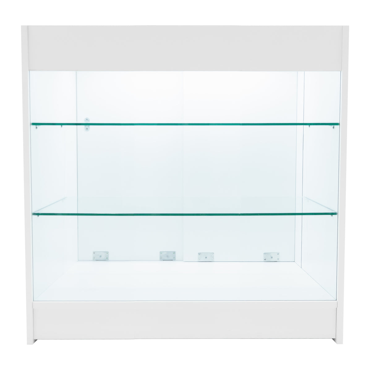 Weißes Verkaufstheken-Set mit zwei Glasregalen, modernem Design und klaren Linien, ideal für die Präsentation von Produkten in Geschäften