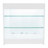 Weißes Verkaufstheken-Set mit zwei Glasregalen, modernem Design und klaren Linien, ideal für die Präsentation von Produkten in Geschäften