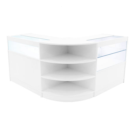 Harmonia LED Verkaufstheken-Set in Weiß, mit glatten Oberflächen, klaren Glasvitrinen und eleganten, abgerundeten Kanten für modernen Einzelhandel