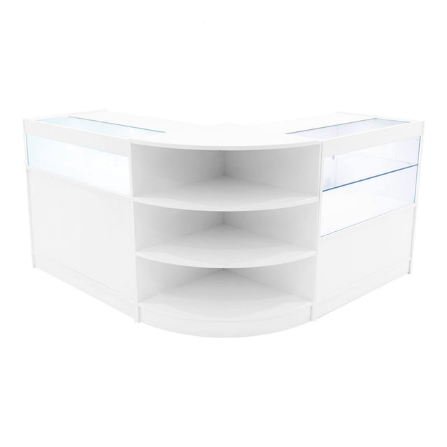 Harmonia LED Verkaufstheken-Set in Weiß, mit glatten Oberflächen, klaren Glasvitrinen und eleganten, abgerundeten Kanten für modernen Einzelhandel