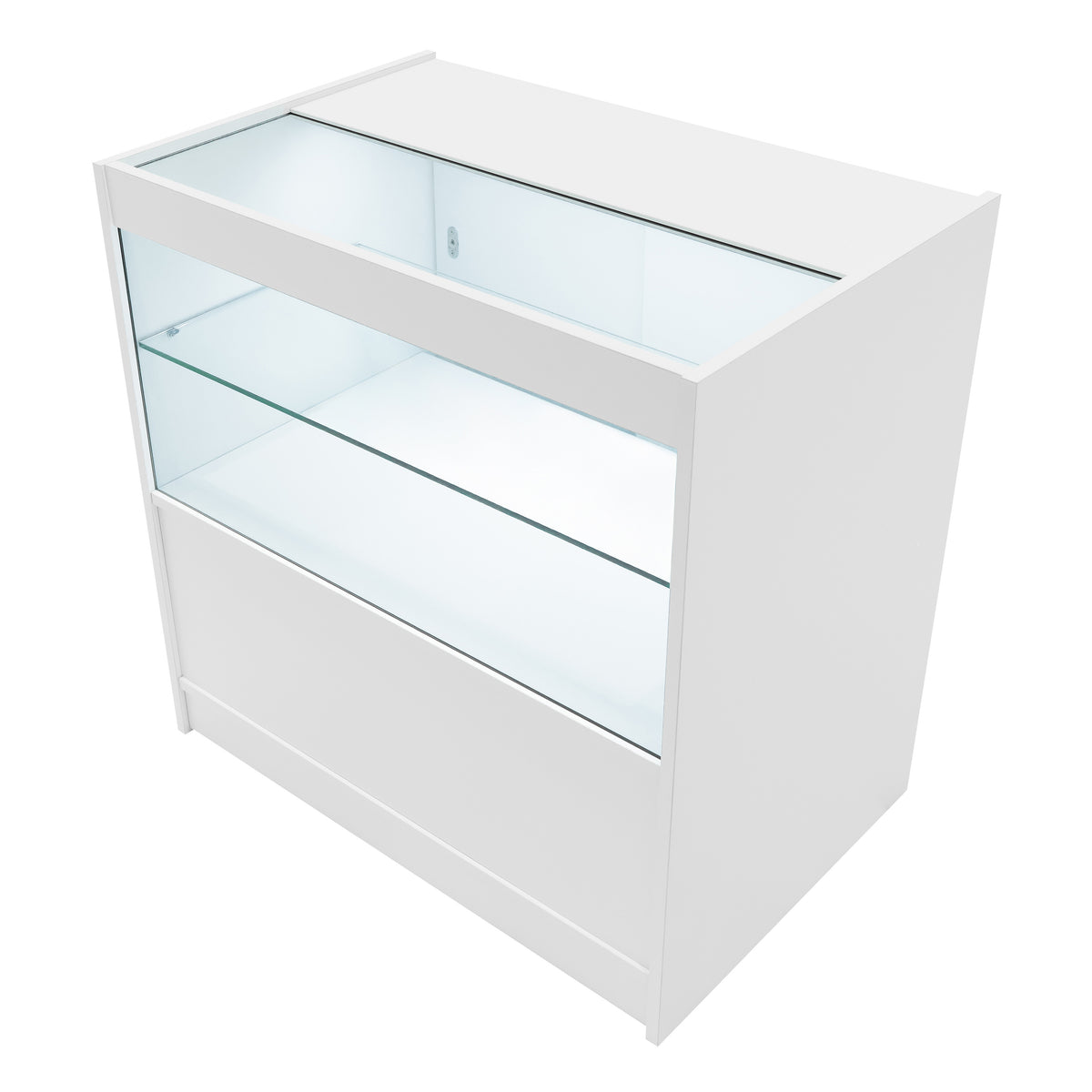 Harmonia LED Verkaufstheken-Set in Weiß mit gläsernen Regalen, modernem Design und eleganter, glatter Oberfläche für stilvolle Präsentation