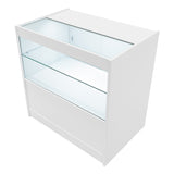 Harmonia LED Verkaufstheken-Set in Weiß mit gläsernen Regalen, modernem Design und eleganter, glatter Oberfläche für stilvolle Präsentation