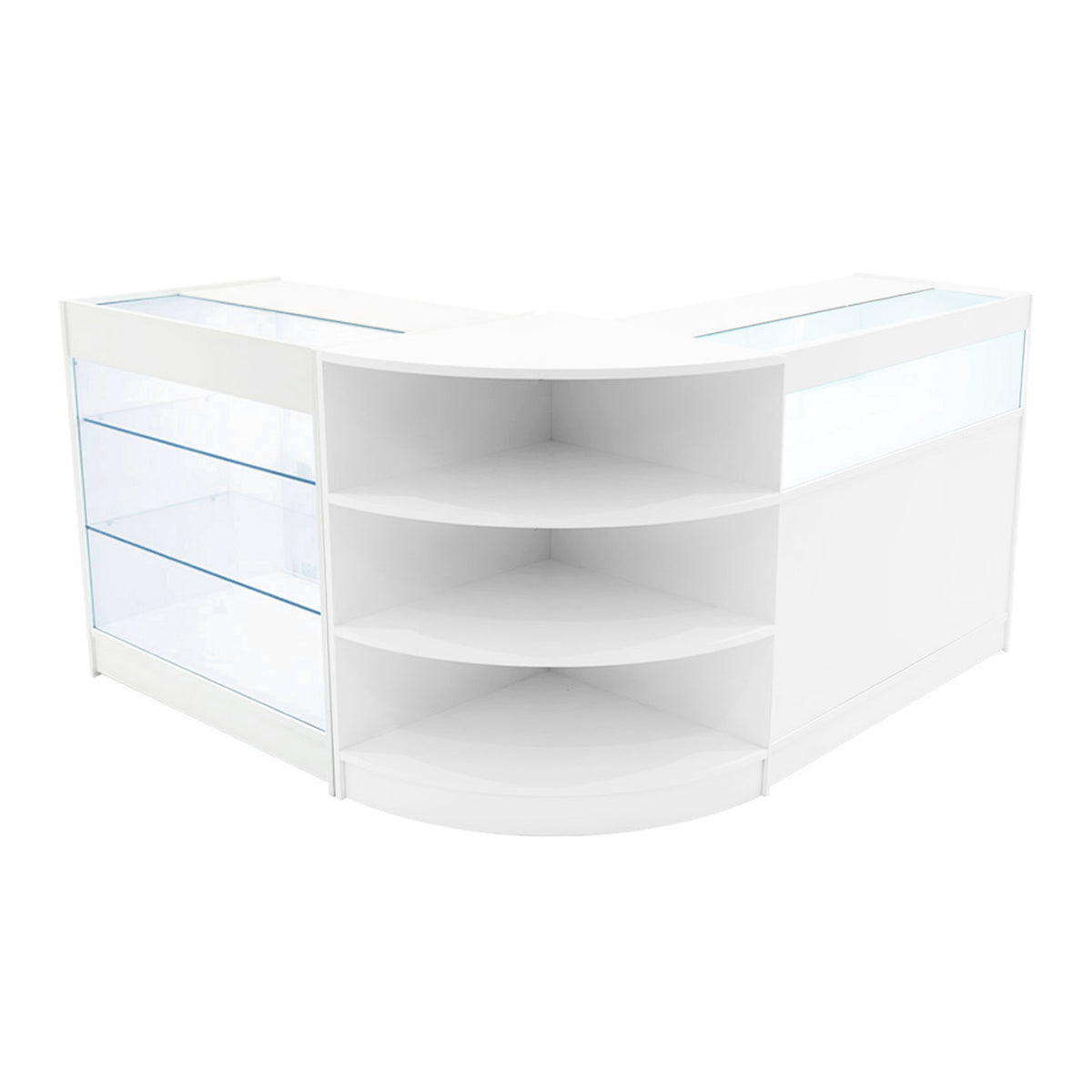 Elegantes, weißes LED Verkaufstheken-Set mit gläsernen Regalen und abgerundeten Kanten, ideal für moderne Verkaufsräume und Ausstellungen