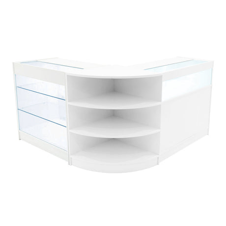 Elegantes, weißes LED Verkaufstheken-Set mit gläsernen Regalen und abgerundeten Kanten, ideal für moderne Verkaufsräume und Ausstellungen