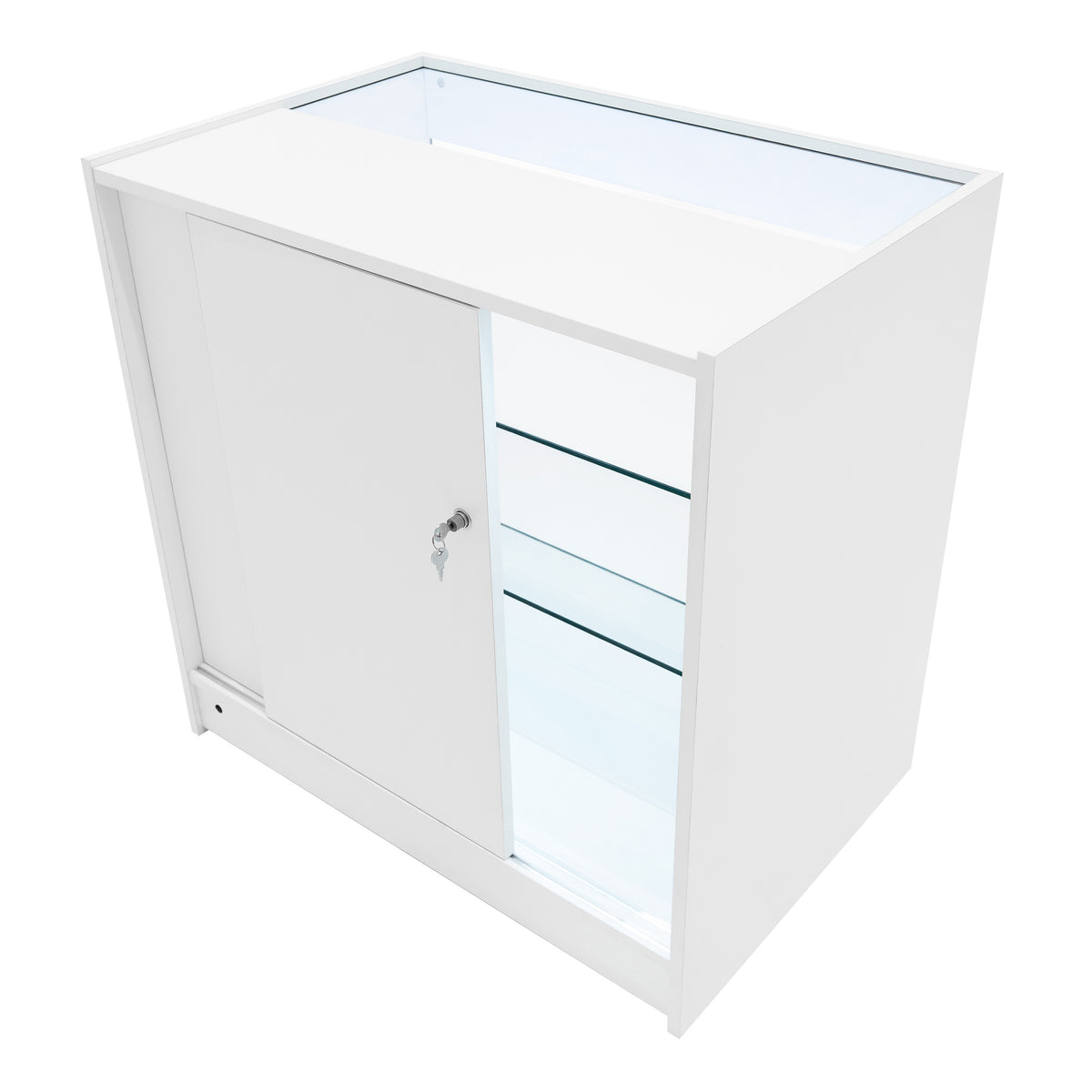 Weißes LED Verkaufstheken-Set mit gläsernen Regalen, eleganter, moderner Form und abschließbarer Tür für sicheren Stauraum