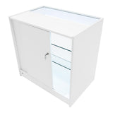 Weißes LED Verkaufstheken-Set mit gläsernen Regalen, eleganter, moderner Form und abschließbarer Tür für sicheren Stauraum