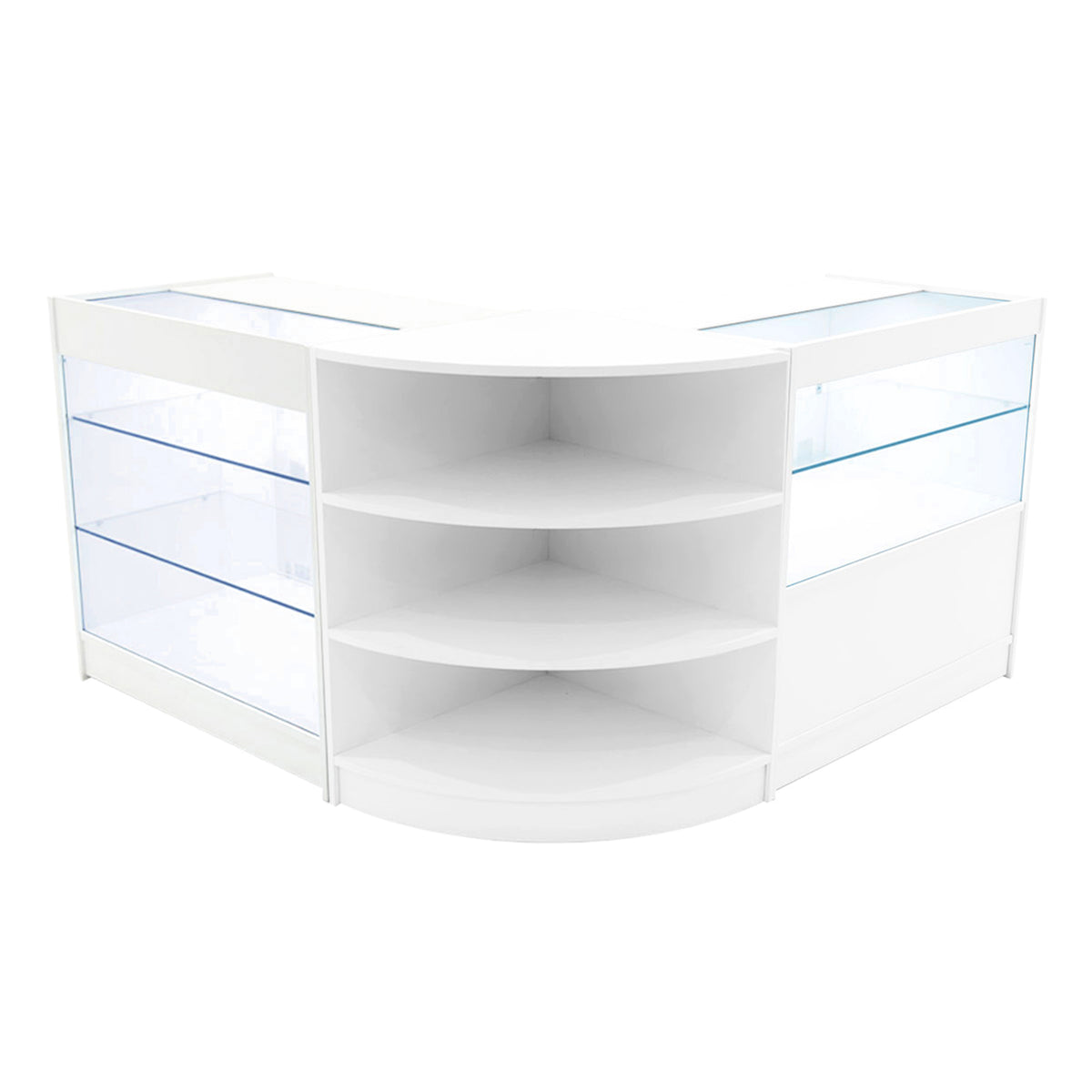 Elegantes Verkaufstheken-Set in Weiß mit klaren Glasregalen, abgerundeten Kanten und modernem Design, ideal für Einzelhandelsumgebungen