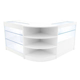 Elegantes Verkaufstheken-Set in Weiß mit klaren Glasregalen, abgerundeten Kanten und modernem Design, ideal für Einzelhandelsumgebungen