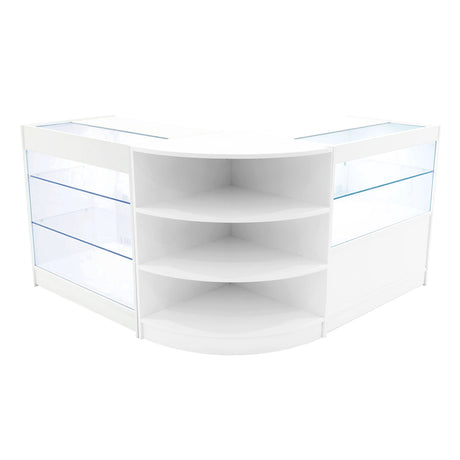 Elegantes Verkaufstheken-Set in Weiß mit klaren Glasregalen, abgerundeten Kanten und modernem Design, ideal für Einzelhandelsumgebungen