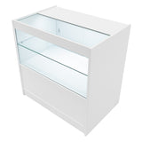 Weißes LED-Verkaufstheken-Set mit gläserner Vitrine, klaren Linien und modernem Design, ideal für die Präsentation von Produkten in Geschäften