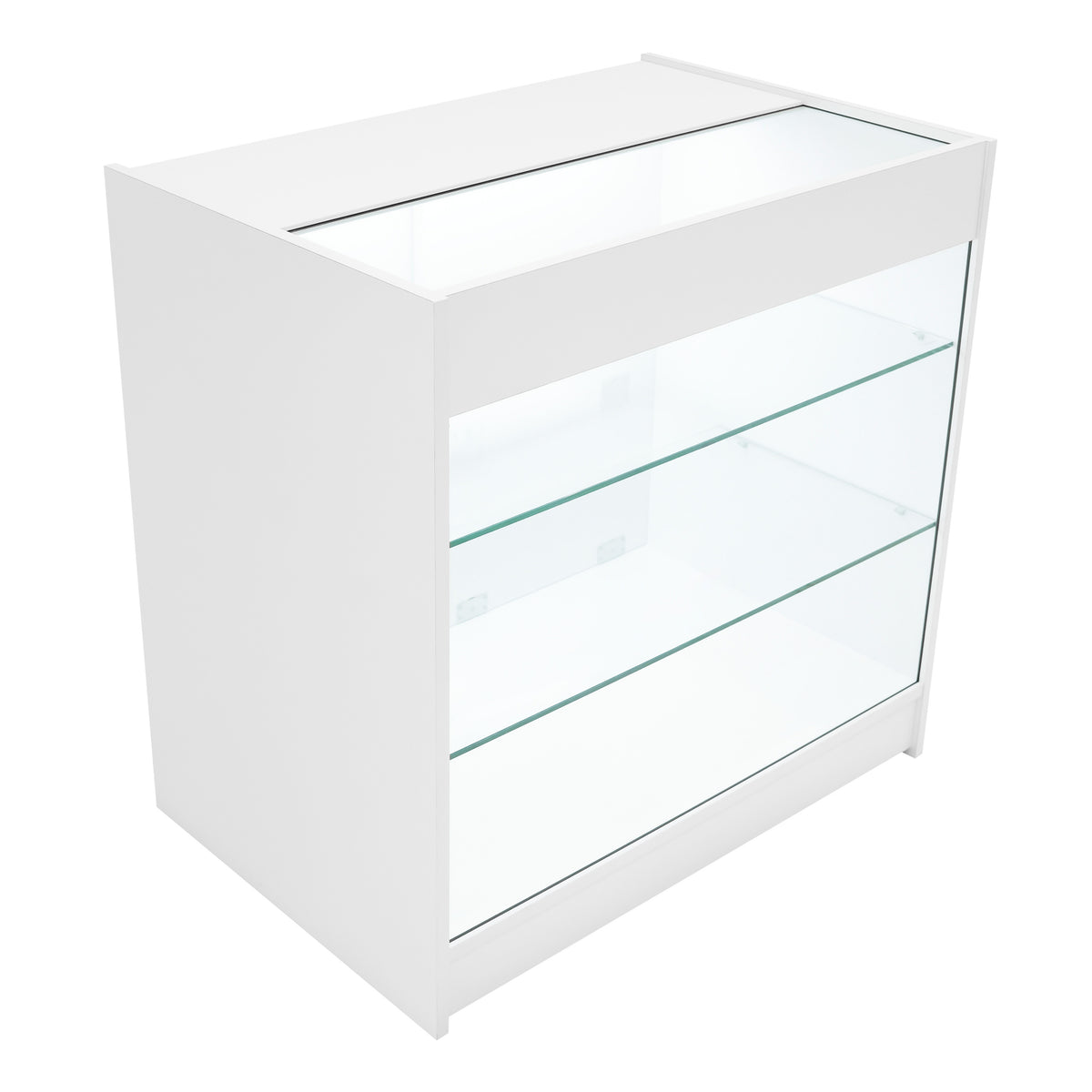 Weißes LED Verkaufstheken-Set mit gläsernen Regalen, modernem Design und klaren Linien, ideal für den Einzelhandel und Ausstellungen
