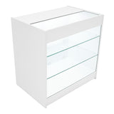 Weißes LED Verkaufstheken-Set mit gläsernen Regalen, modernem Design und klaren Linien, ideal für den Einzelhandel und Ausstellungen