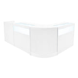 Elegantes, weißes Luna LED Verkaufstheken-Set mit zwei Modulen und beleuchteten Flächen, ideal für moderne Verkaufsräume und Ausstellungen