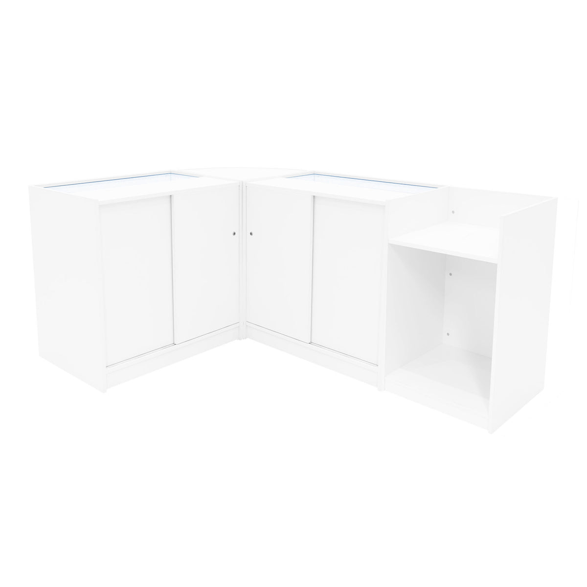 Eckverkaufsset in Weiß mit zwei LED-beleuchteten Theken, glatten Oberflächen, modernen Linien und Stauraum für Produkte und Zubehör