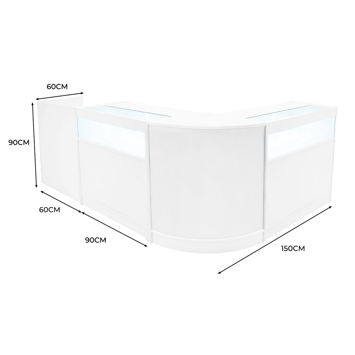 Elegantes, weißes Luna LED Verkaufstheken-Set mit abgerundeten Kanten, ideal für moderne Verkaufsräume, Maße 150cm x 90cm x 60cm