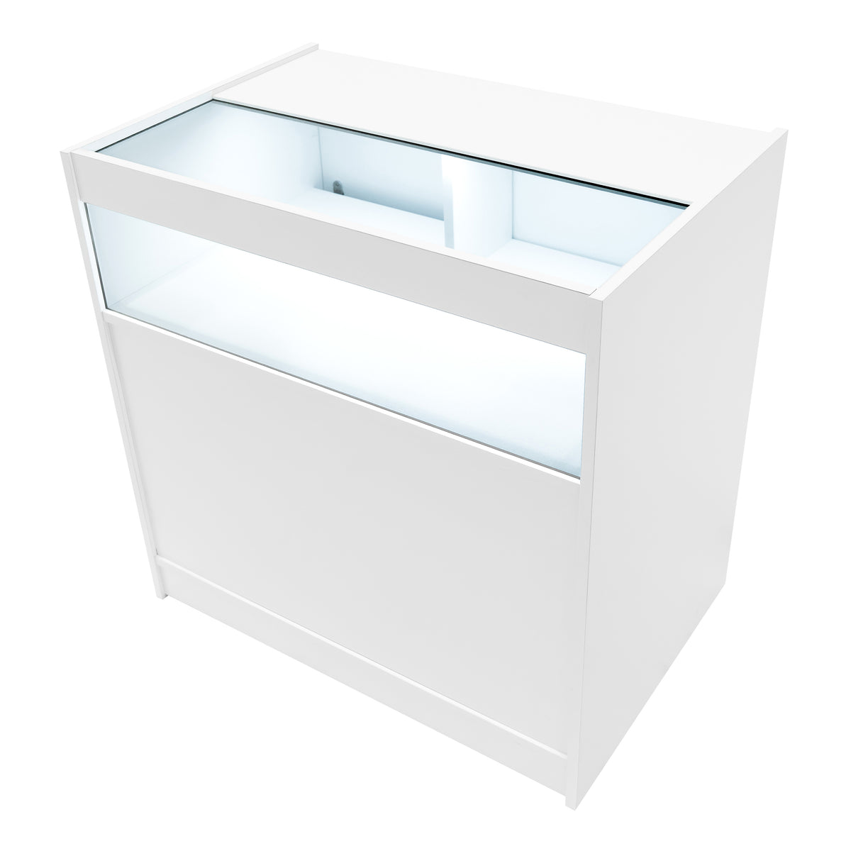 Weißes Luna LED Verkaufstheken-Set mit Glasoberfläche, integrierter Beleuchtung und modernem, minimalistischen Design, ideal für Verkaufsräume