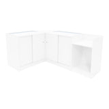 Weißes Aries LED Verkaufstheken-Set mit zwei Ecken und einer offenen Ablage, glatte Oberflächen und moderne, minimalistische Gestaltung