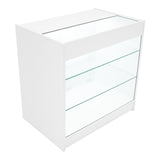 Weißes LED Verkaufstheken-Set mit zwei Glastüren, drei transparenten Regalen und modernem, minimalistischen Design für optimale Produktpräsentation