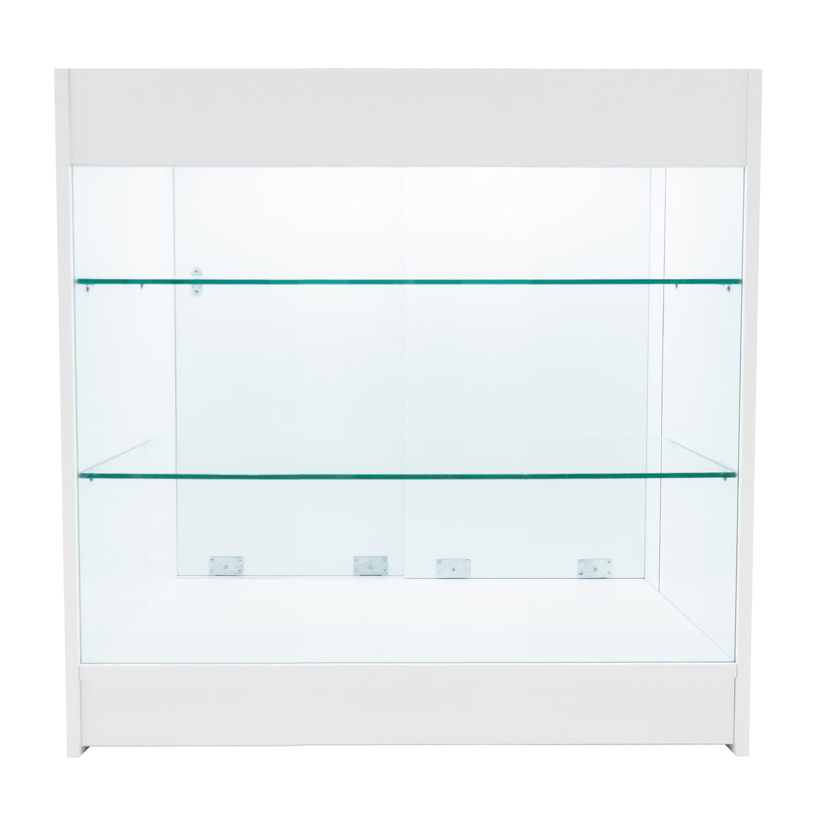 Weißes LED Verkaufstheken-Set mit zwei transparenten Glasregalen, modernem Design und glatter Oberfläche, ideal für die Präsentation von Produkten