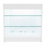 Weißes LED Verkaufstheken-Set mit zwei transparenten Glasregalen, modernem Design und glatter Oberfläche, ideal für die Präsentation von Produkten