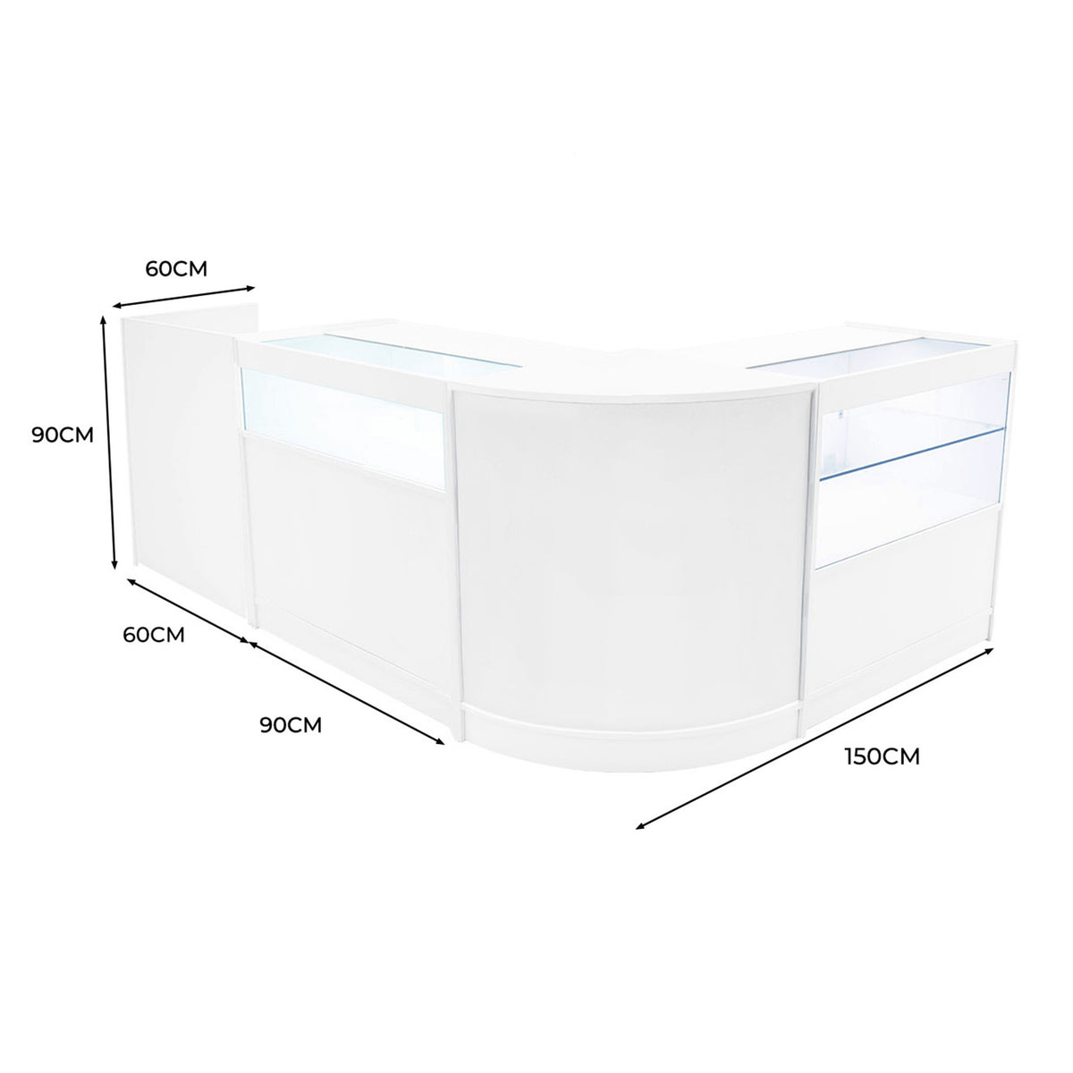 Elegantes, weißes Verkaufstheken-Set mit glatten Oberflächen, transparenten Glasvitrinen und abgerundeten Kanten, ideal für moderne Verkaufsräume