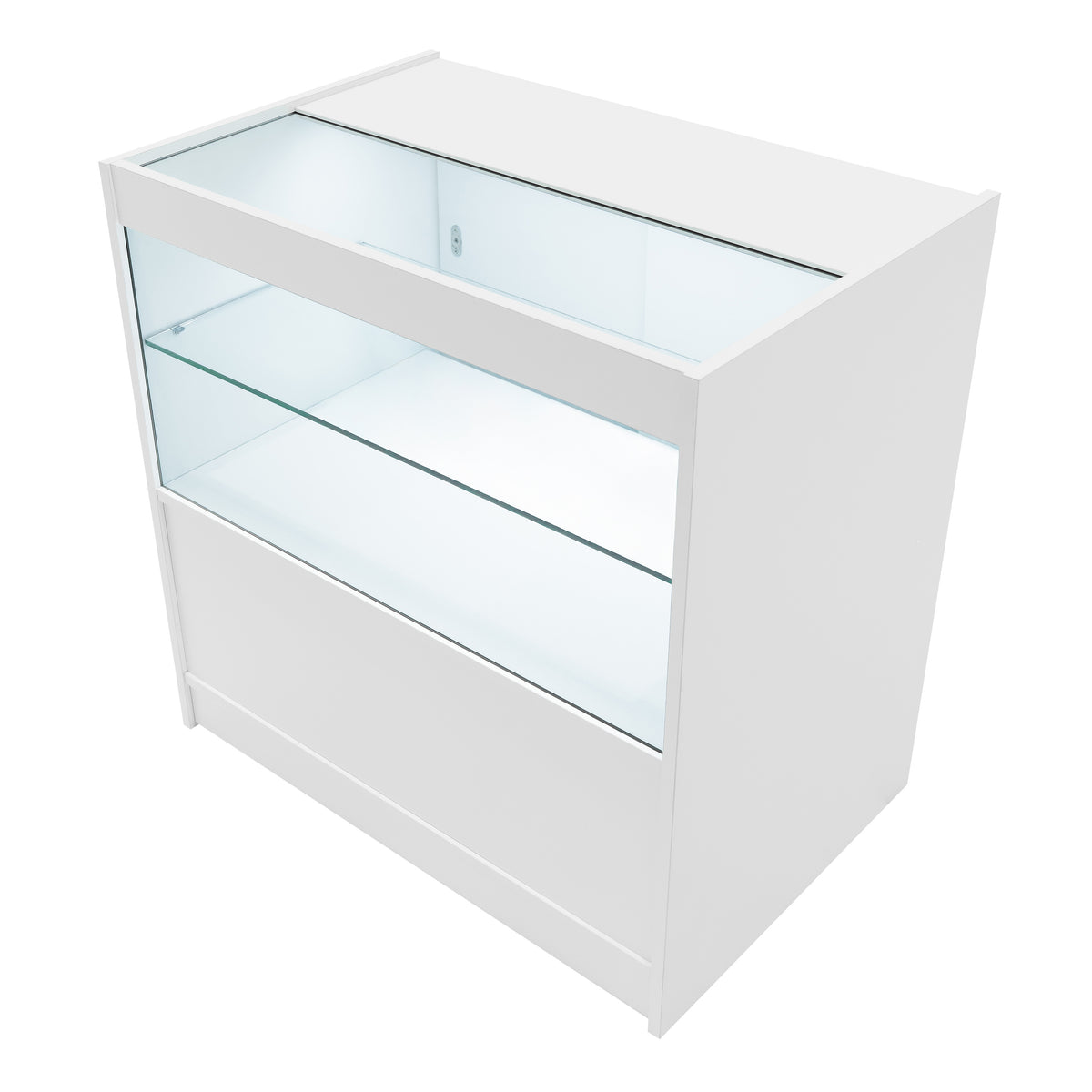 Weißes Verkaufstheken-Set mit Glasoberfläche, klaren Regalen und modernem, minimalistischen Design, ideal für Einzelhandelsumgebungen
