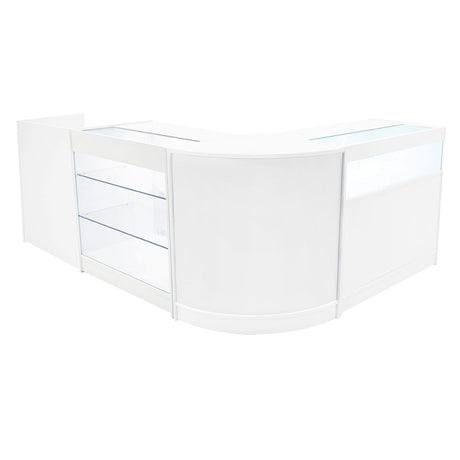 Elegantes Verkaufstheken-Set in Weiß mit klaren Glasflächen, geschwungener Form und modernem Design, ideal für den Einzelhandel und Ausstellungen