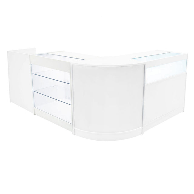 Elegantes Verkaufstheken-Set in Weiß mit klaren Glasflächen, geschwungener Form und modernem Design, ideal für den Einzelhandel und Ausstellungen