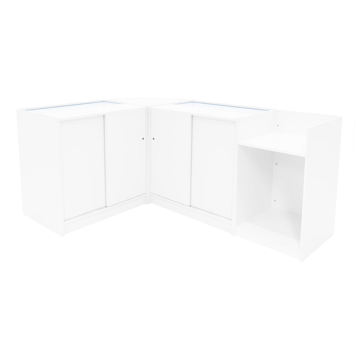 Polaris LED Verkaufstheken-Set in Weiß, bestehend aus zwei Ecken, Glastüren, und offener Ablage, ideal für Verkaufsräume und Ausstellungen