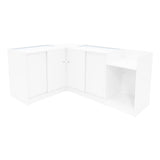 Polaris LED Verkaufstheken-Set in Weiß, bestehend aus zwei Ecken, Glastüren, und offener Ablage, ideal für Verkaufsräume und Ausstellungen