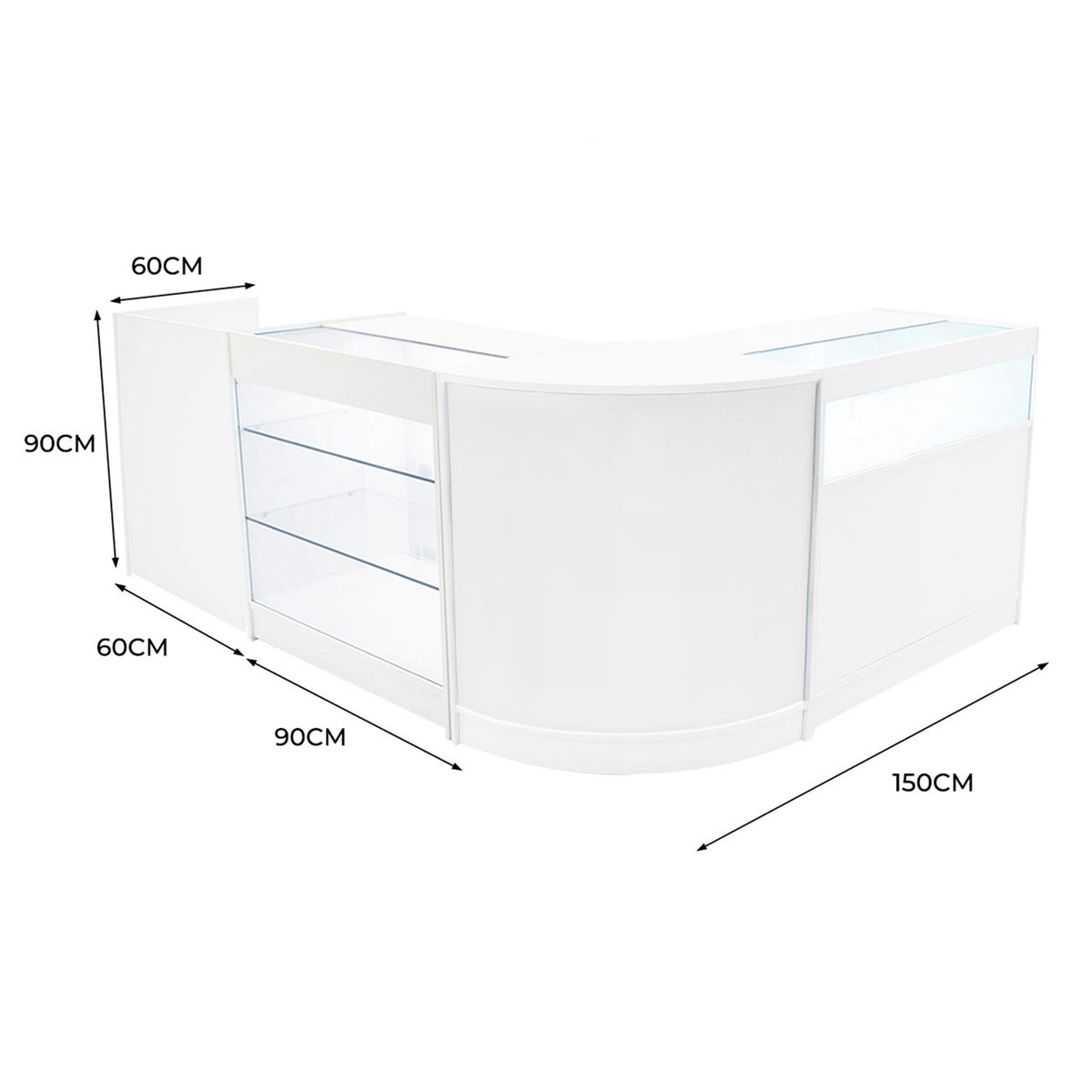 Elegantes Verkaufstheken-Set in Weiß mit klaren Glasregalen, abgerundeten Kanten und modernen Maßen von 150 cm Breite und 90 cm Höhe