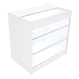 Polaris LED Verkaufstheke in Weiß mit gläsernen Regalen, modernem Design und klaren Linien, ideal für den Einzelhandel und Ausstellungen