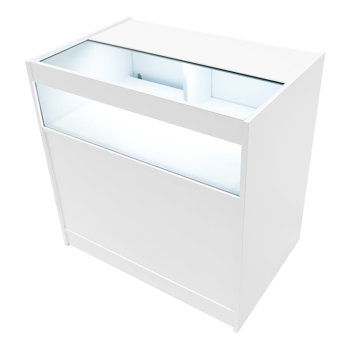 Weißes Verkaufstheken-Set aus hochwertigem Material mit gläserner Oberseite und LED-Beleuchtung, ideal für die Präsentation von Produkten