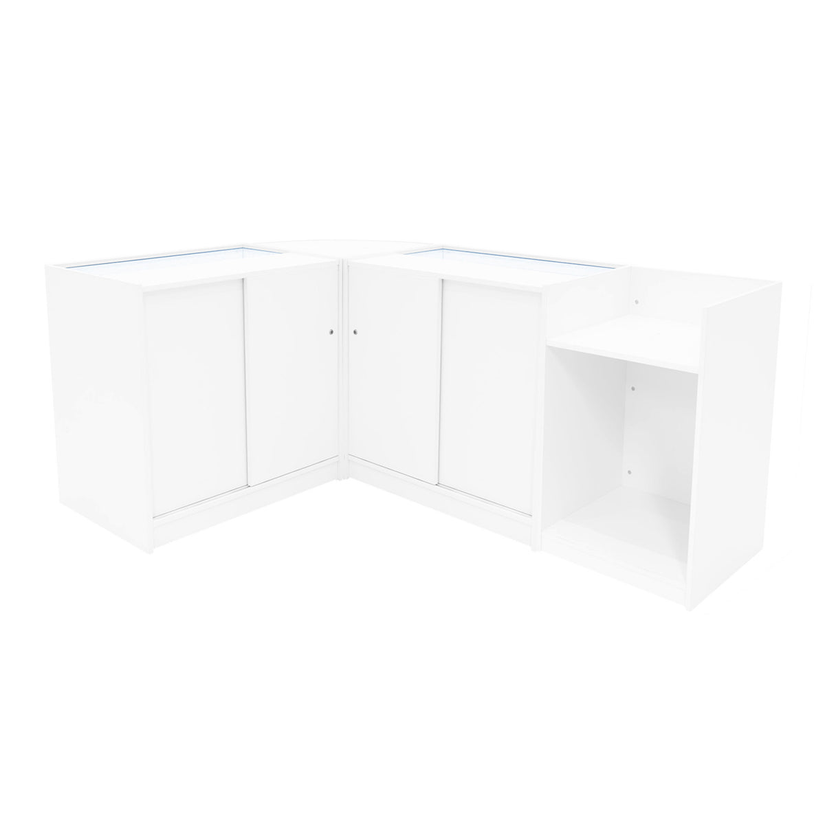 Vega LED Verkaufstheken-Set in Weiß, bestehend aus zwei Ecken, glatten Oberflächen, integrierter Beleuchtung und Stauraum für Produkte