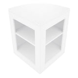 Eckige, weiße LED-Verkaufstheke mit zwei offenen Regalen, glatte Oberfläche und modernes Design, ideal für Verkaufsräume und Ausstellungen