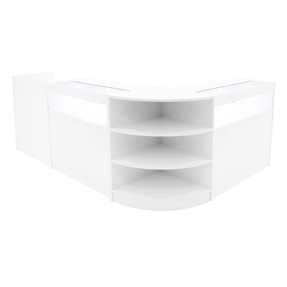 Elegantes, weißes LED-Verkaufstheken-Set mit abgerundeten Kanten, transparenten Glasflächen und offenen Regalen für optimale Produktpräsentation