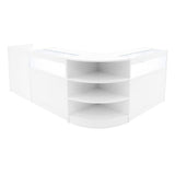 Elegantes, weißes LED-Verkaufstheken-Set mit abgerundeten Kanten, transparenten Glasflächen und offenen Regalen für optimale Produktpräsentation
