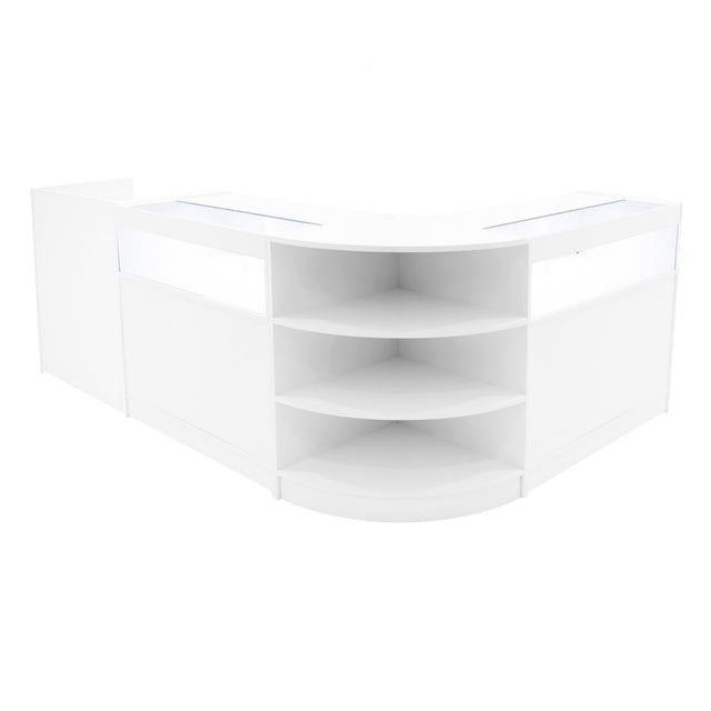 Elegantes, weißes LED-Verkaufstheken-Set mit abgerundeten Kanten, transparenten Glasflächen und offenen Regalen für optimale Produktpräsentation