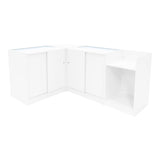 Elegantes, weißes LED Verkaufstheken-Set mit zwei Ecken und einem offenen Regal, ideal für moderne Verkaufsräume und Ausstellungen