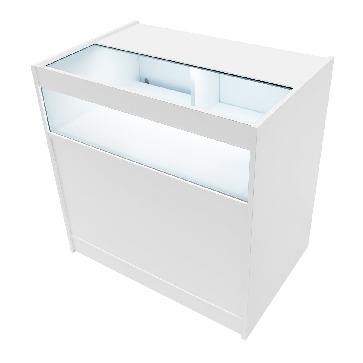 Weißes LED Verkaufstheken-Set mit Glasoberfläche, modernem Design und integrierter Beleuchtung, ideal für den Einzelhandel und Ausstellungen