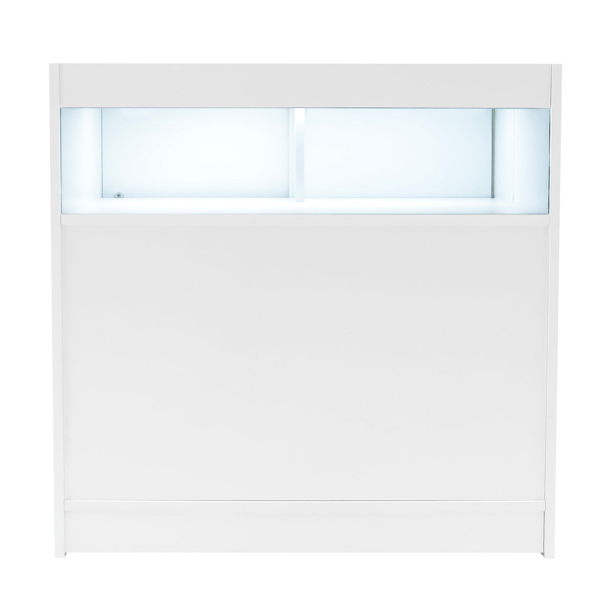 Weißes LED Verkaufstheken-Set mit zwei Einheiten, glatte Oberfläche, integrierte Beleuchtung und modernes, minimalistisches Design