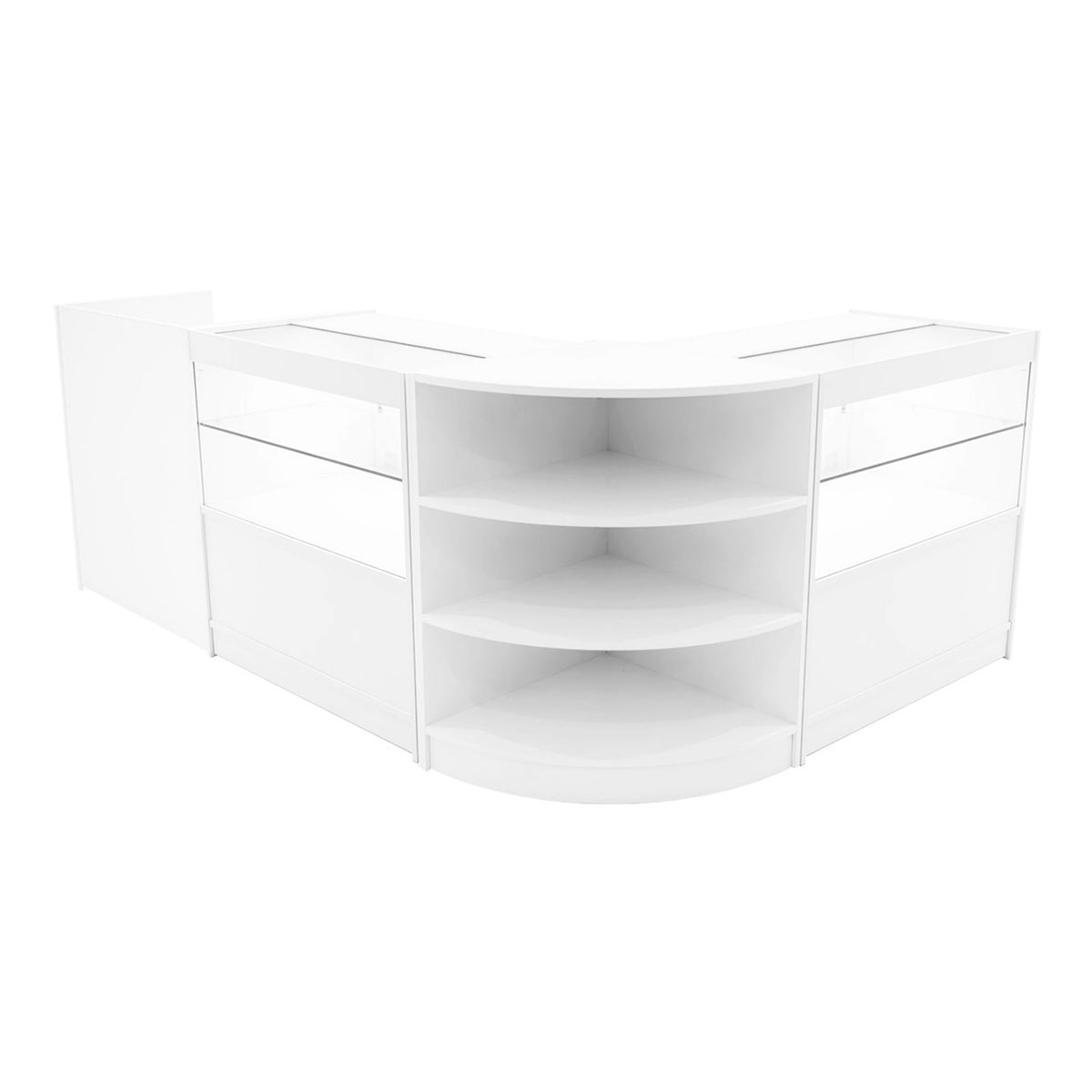 Elegantes, weißes Verkaufstheken-Set mit abgerundeten Kanten, transparenten Glasflächen und mehreren Ablagefächern für optimale Produktpräsentation