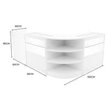 Elegantes, weißes Verkaufstheken-Set mit abgerundeten Ecken, transparenten Glasflächen und mehreren Regalen für optimalen Stauraum und Präsentation