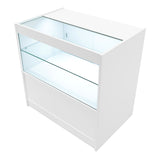 Elegantes Verkaufstheken-Set in Weiß mit gläserner Vitrine, LED-Beleuchtung und modernem, minimalistischen Design für ansprechende Produktpräsentation
