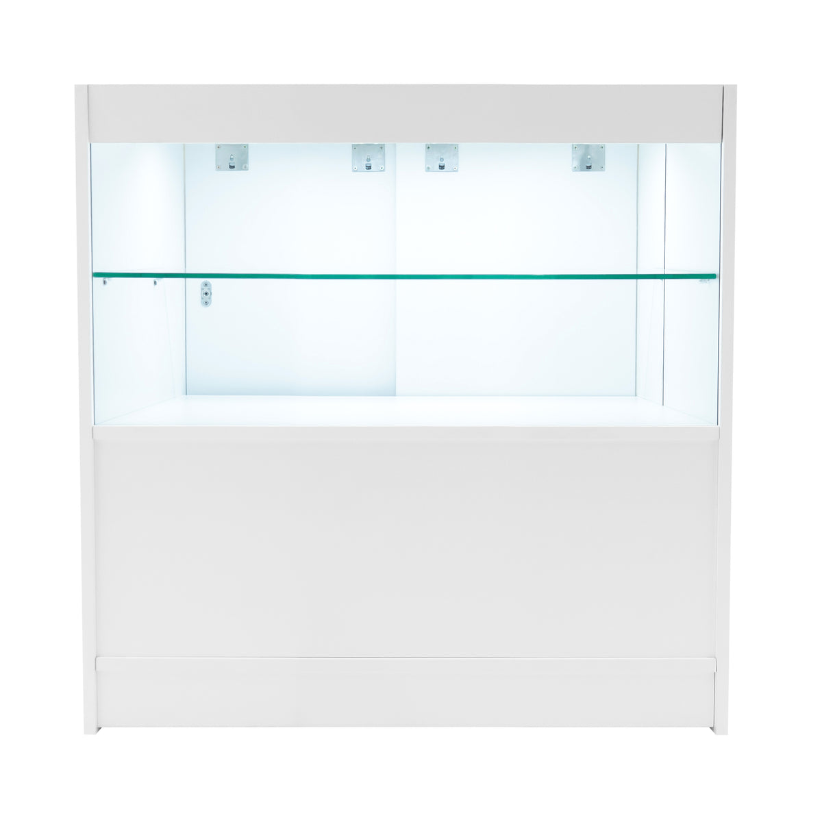 Elegantes, weißes LED-Verkaufstheken-Set mit zwei Vitrinen und gläsernen Regalen, ideal für die Präsentation von Produkten in einem modernen Geschäft
