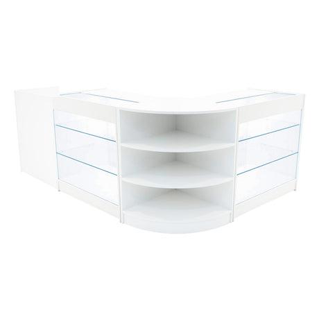 Elegantes, weißes Verkaufstheken-Set mit zwei Glaskästen und offenen Regalen, ideal für die Präsentation von Produkten in Geschäften