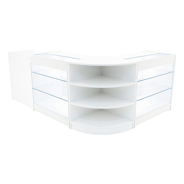 Elegantes, weißes Verkaufstheken-Set mit zwei Glaskästen und offenen Regalen, ideal für die Präsentation von Produkten in Geschäften