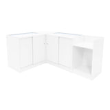 Eckverkaufsregal-Set in Weiß, bestehend aus zwei LED-beleuchteten Vitrinen mit glatten Oberflächen, ideal für die Präsentation von Produkten