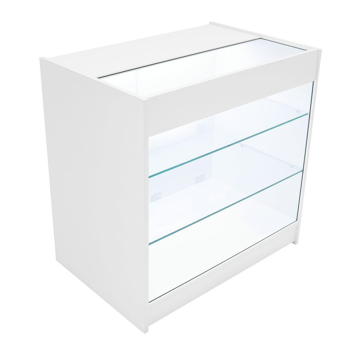 Weißes Verkaufstheken-Set mit zwei Glaseinlegeböden, elegant und modern, ideal für die Präsentation von Produkten in Geschäften oder Messen