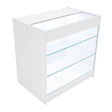 Weißes Verkaufstheken-Set mit zwei Glaseinlegeböden, elegant und modern, ideal für die Präsentation von Produkten in Geschäften oder Messen